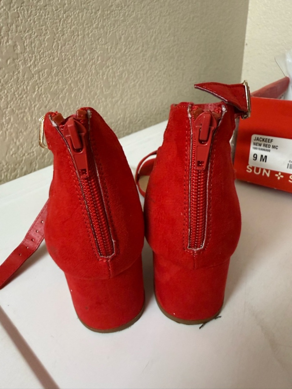 Sun + Stone Red Suede Block Heel Sandals - Picture 6 of 9